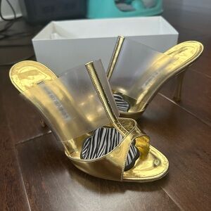 Y2K Manolo Blahnik Rip Metallic Leather Lucite PVC Gold Sandal Slide 37.5